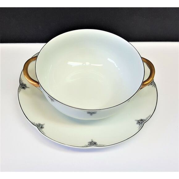 Block China Chambord Limoges Cream Soup Bowl w/Underplate Gray/Black on White - Picture 2 of 6
